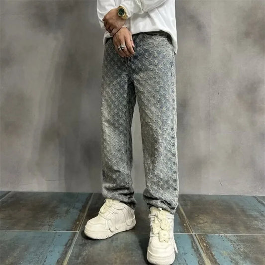Jacquard All Over High Street Jeans Mens 2024 New Straight Lift
