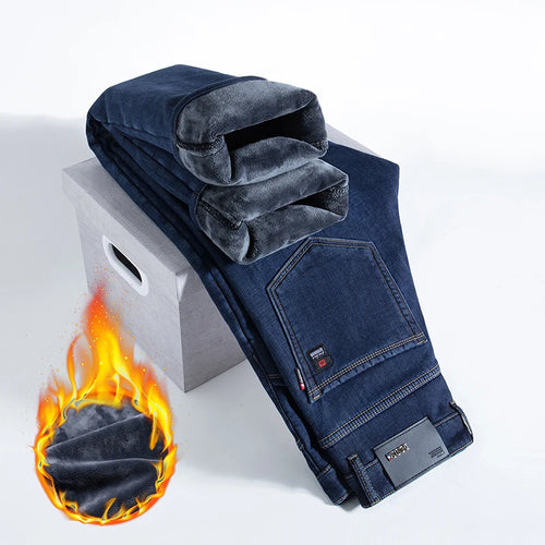 HIQOR Winter Fleece Thick Jeans Men Business Casual Straight Trousers