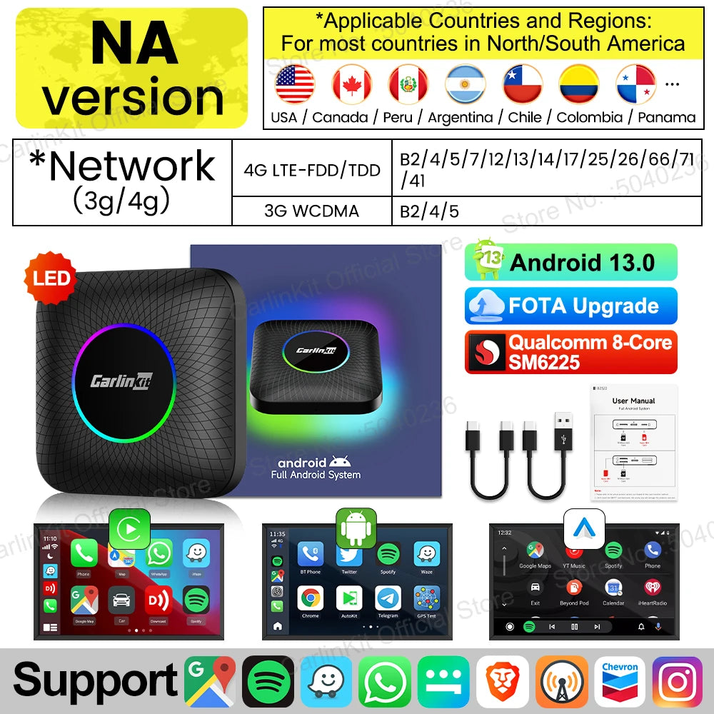 CarlinKit CarPlay Ai Box Android 13 TV Box Support Netflix IPTV GPS Wireless Android Auto & CarPlay 4G LTE Genuine Qualcomm Chip
