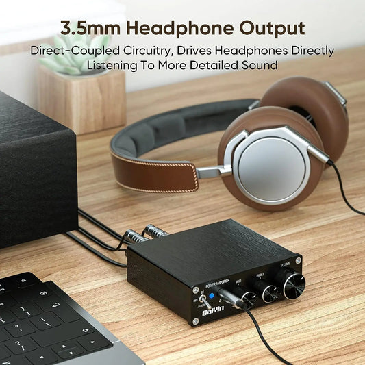 Saiyin Power Amplifier Home Audio, 80W X 2 Stereo Bluetooth Amplifier Receiver 2.0 Channel Mini Hi-Fi D Type Integrated Amplifier with Headphone Jack, Bass/Treight Control, Suitable for Home Speakers