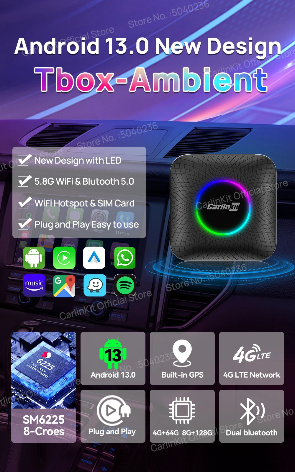 Carlinkit CarPlay Video Box LED Android 13 Wireless Android Auto SM6225 660 8-Core CarPlay Ai Box Support YouTube IPTV 512GB SD