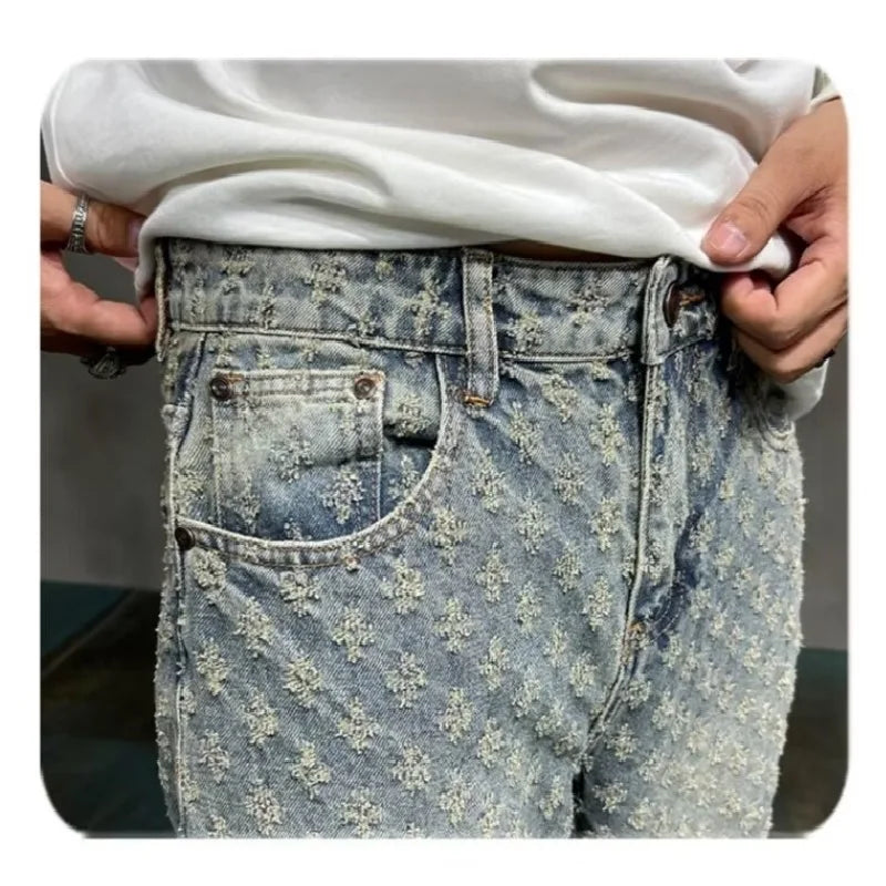 Jacquard All Over High Street Jeans Mens 2024 New Straight Lift