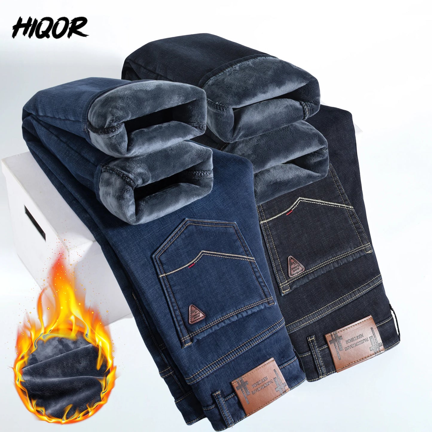 HIQOR Winter Fleece Thick Jeans Men Business Casual Straight Trousers