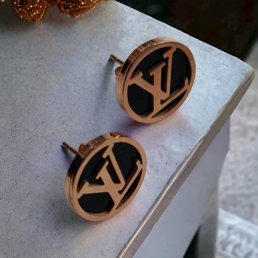 Large Round Black Elegant Rose Gold Plated Stud Earrings