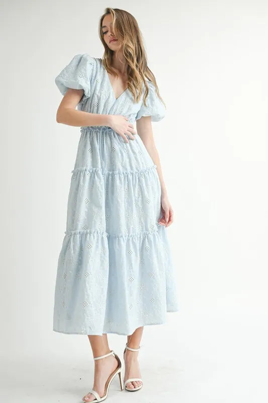 MABLE Eyelet Lace Puff Sleeve V Neck Midi Dress
