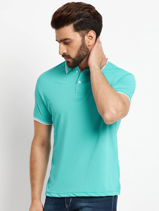 Mens Solid Polo T-Shirt Striped Design Finish (Size-Xl) (Color-Sea