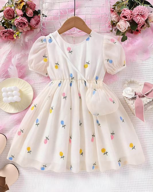 Beautifull Embroidered Fit & Flare Dress with Puff Sleeves For Girls