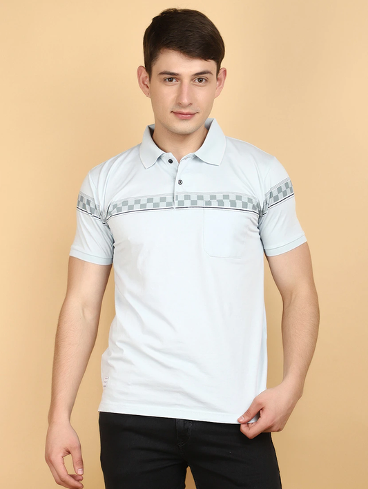 Men Polo Neck Block Printed T-Shirt (Size-L) (Color-White)