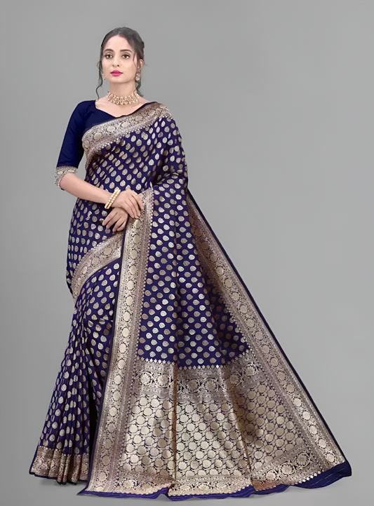 Women's Woven Banarasi Pure Silk Saree Size Free Size Color NAVY BLUE