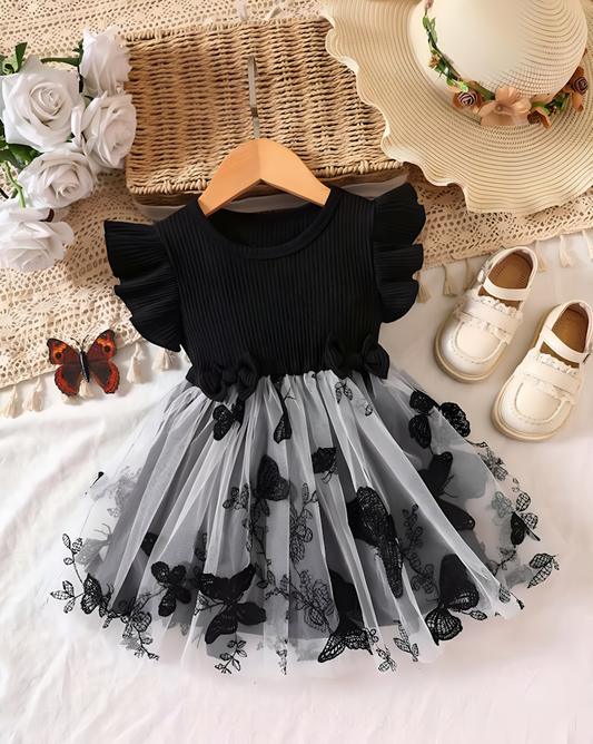 Beautifull Ribbed Round-Neck Buterfly Design Dress For Girls Size 3-4