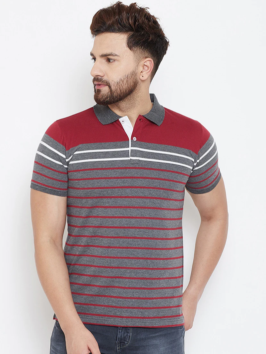 Men Striped Polo T-Shirt (Size-M) (Color-Grey)