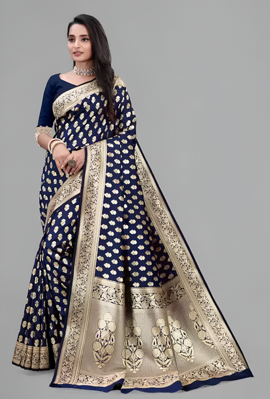 Women's Woven Banarasi Pure Silk Saree Size Free Size Color DARK BLUE