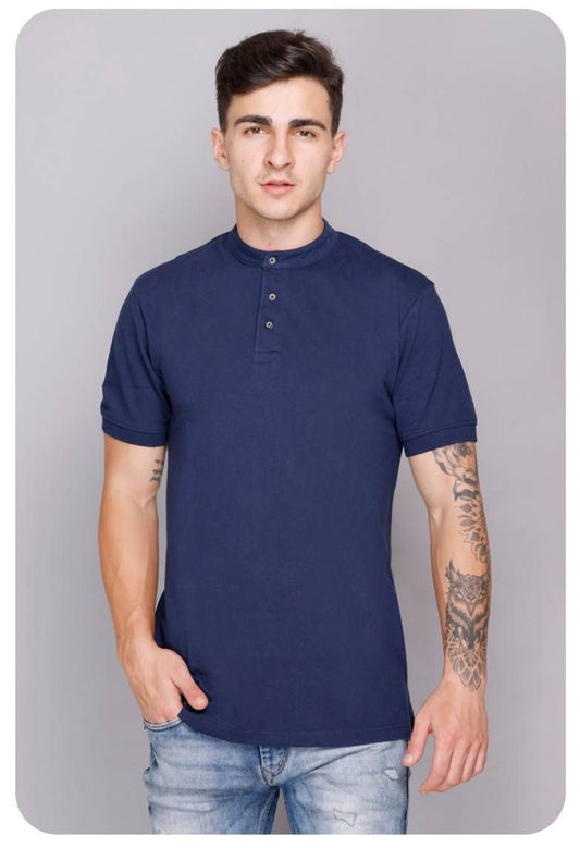 Men Solid Mandarin Collar Poly Cotton  T-Shirt (Size-M) (Color-BLUE)