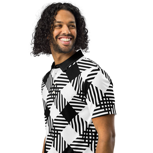 Mens Slim Fit Polo Shirt - Black and White Plaid Print