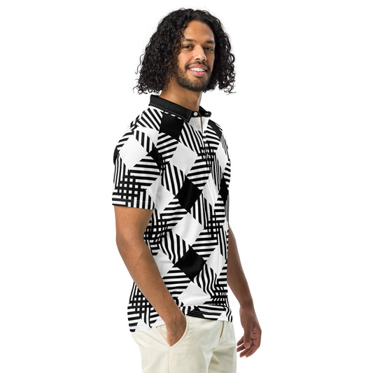 Mens Slim Fit Polo Shirt - Black and White Plaid Print