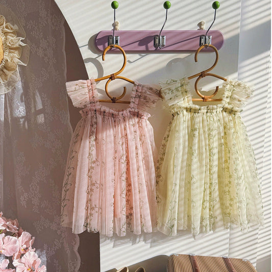 Summer Arrival Floral Pattern Fly Sleeves Tulle Dress for Stylish