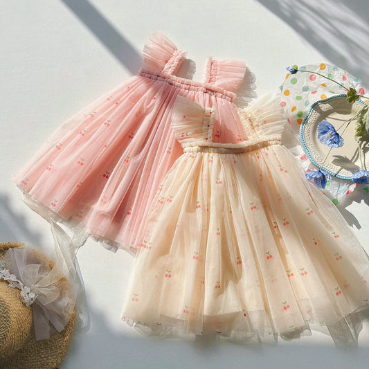 Summer Arrival Cherry Pattern Sleeveless Tulle Dress for Stylish Girls