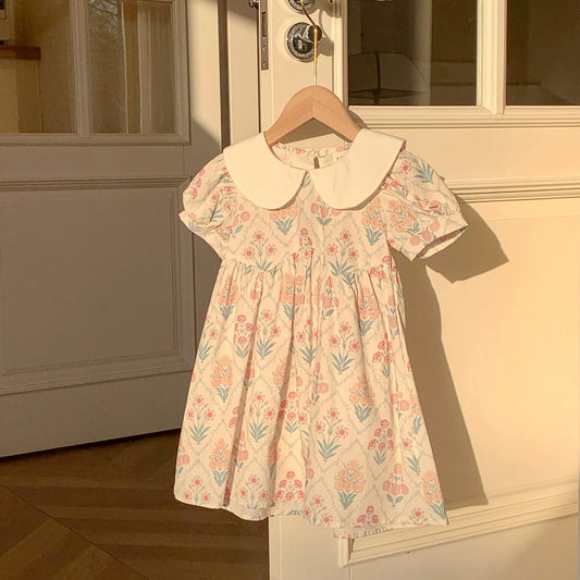 Summer Arrival Baby Kids Girls Cute Short Sleeves Argyle Floral Dress