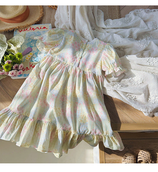 Summer Baby Kids Girls Short Sleeves Flowers Pattern Printed Dress