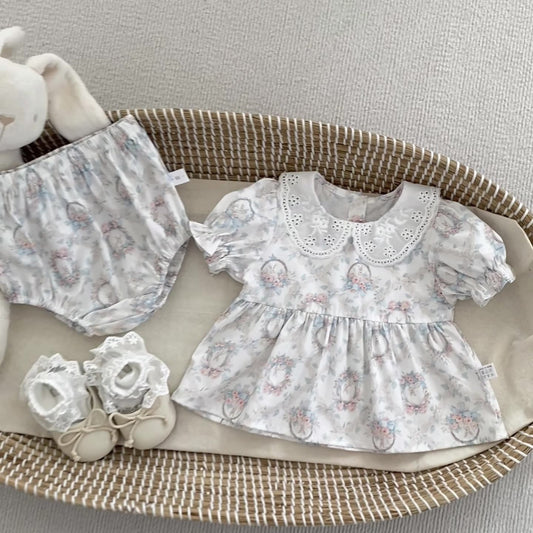Summer Baby Kids Girls Floral Pattern Short Sleeves Dress and Bloomers