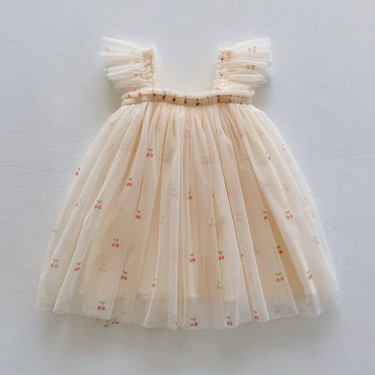 Summer Arrival Cherry Pattern Sleeveless Tulle Dress for Stylish Girls