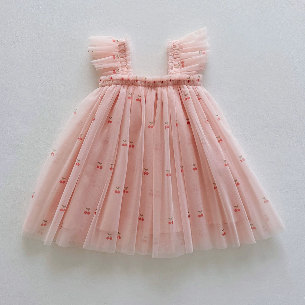 Summer Arrival Cherry Pattern Sleeveless Tulle Dress for Stylish Girls