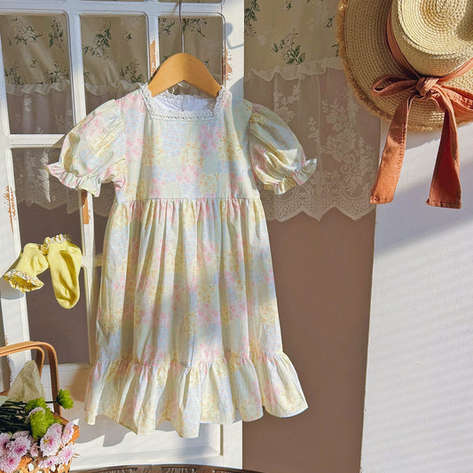 Summer Baby Kids Girls Short Sleeves Flowers Pattern Printed Dress