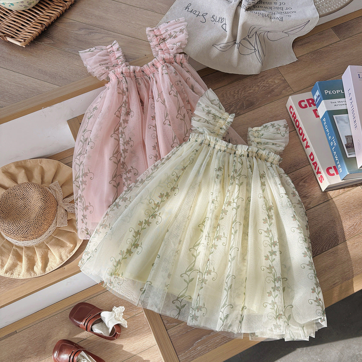 Summer Arrival Floral Pattern Fly Sleeves Tulle Dress for Stylish