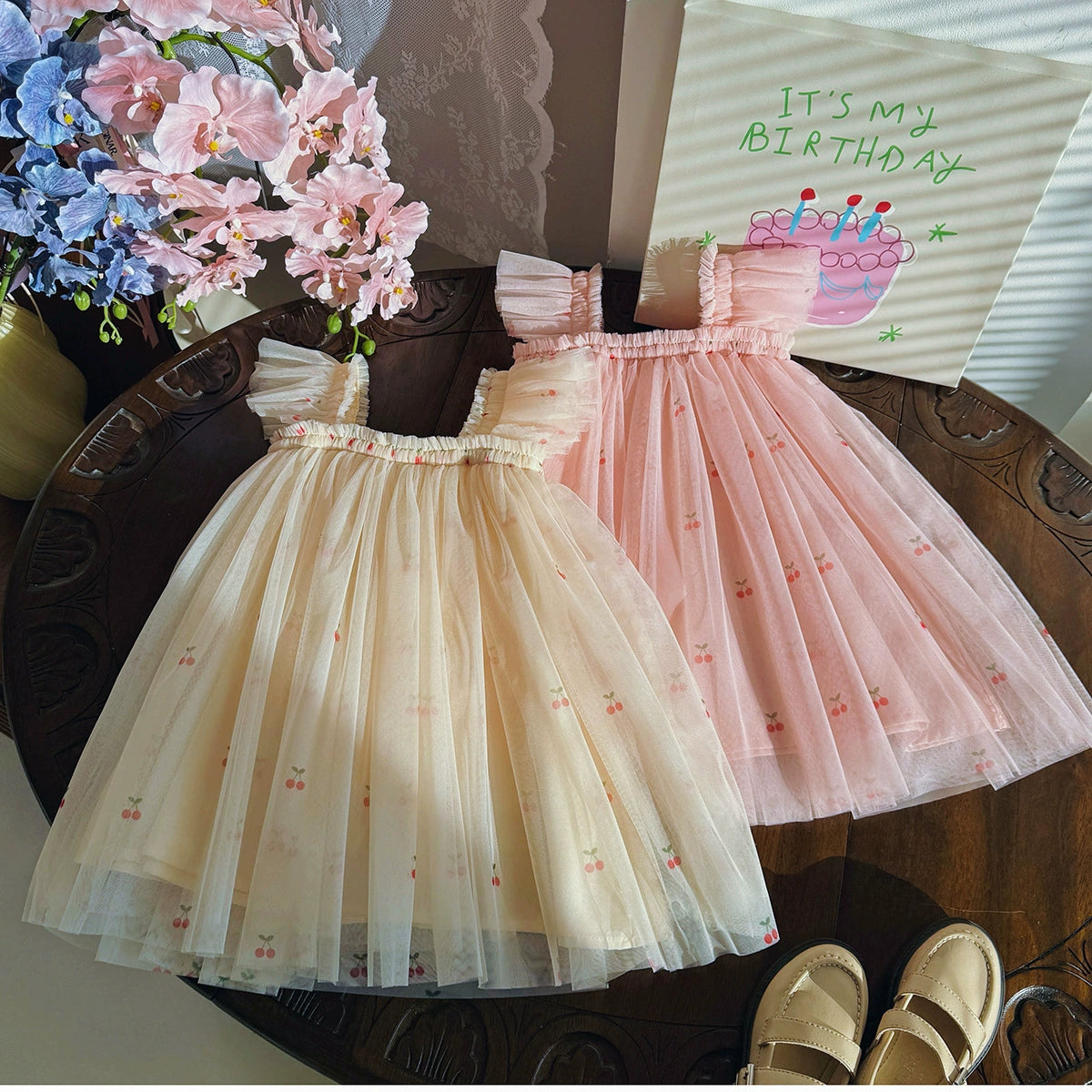 Summer Arrival Cherry Pattern Sleeveless Tulle Dress for Stylish Girls
