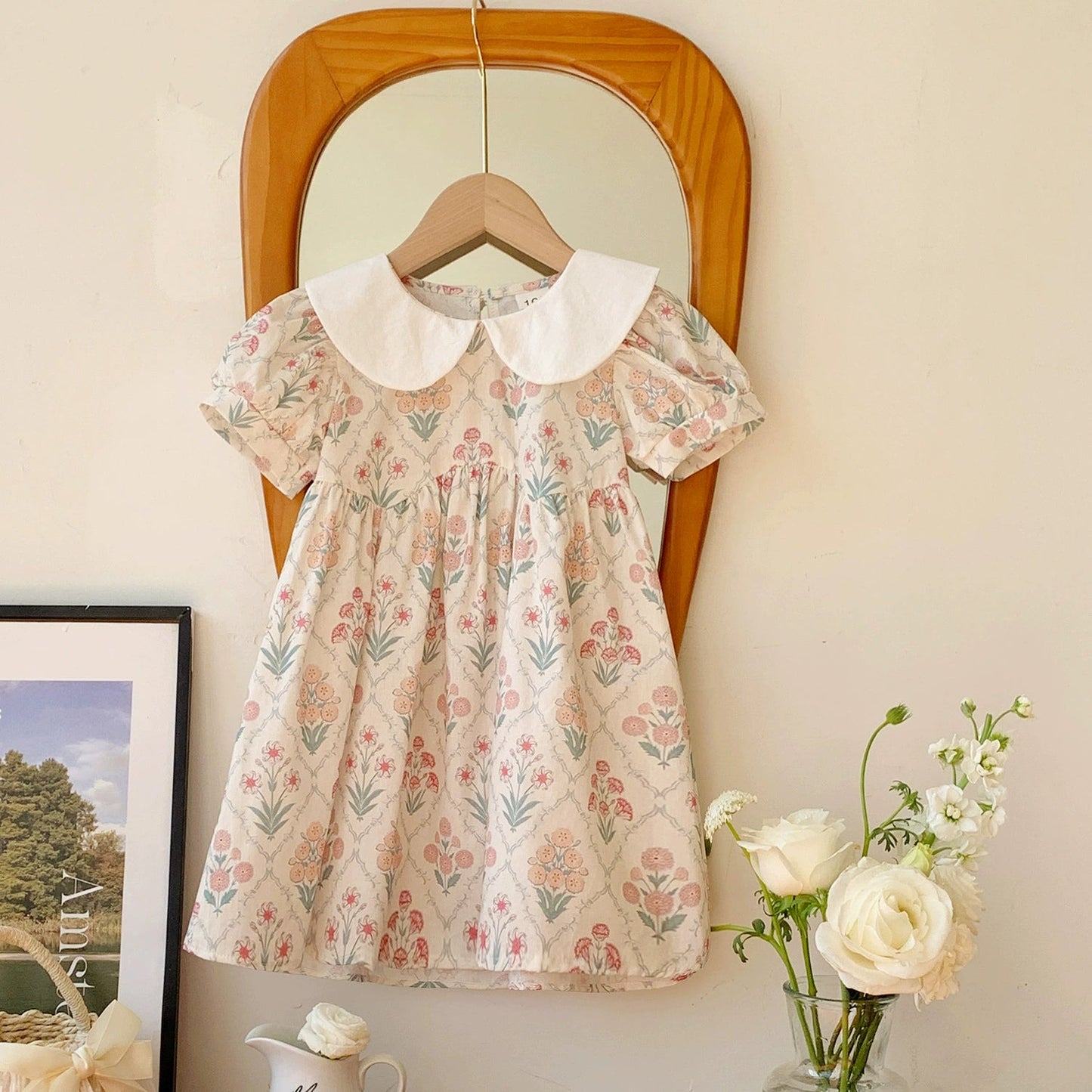 Summer Arrival Baby Kids Girls Cute Short Sleeves Argyle Floral Dress