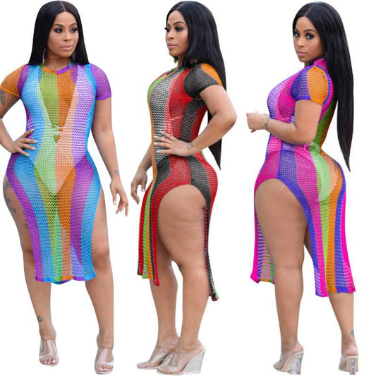 2019 Summer Women New Beach Gauze Grid Hollow Out Mesh Fishnet Sexy